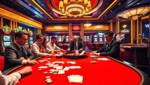High-stakes poker action at https://www.kjc.global/ featuring players, chips, and luxurious casino decor.