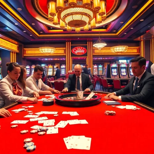 High-stakes poker action at https://www.kjc.global/ featuring players, chips, and luxurious casino decor.