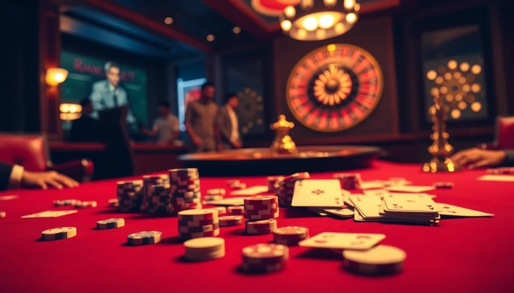 SBOBET logo amidst a lively casino betting setup with cards and roulette wheel.