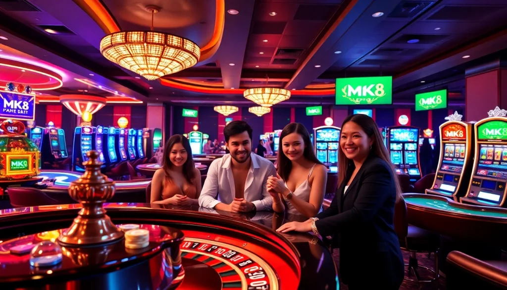 Exciting gamblers at a luxurious casino scene featuring https://mk8th.net/ elements with roulette and poker tables.