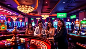 Exciting gamblers at a luxurious casino scene featuring https://mk8th.net/ elements with roulette and poker tables.