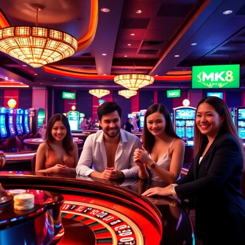 Exciting gamblers at a luxurious casino scene featuring https://mk8th.net/ elements with roulette and poker tables.