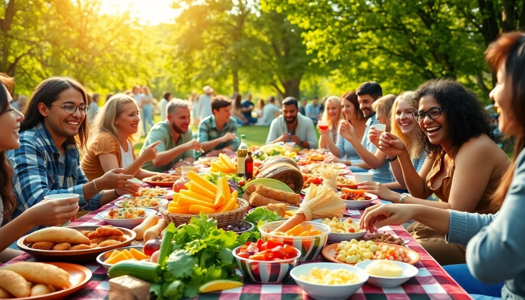 Gathering for Free Food at a community picnic filled with vibrant meals and joyful interactions.