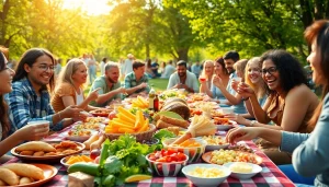 Gathering for Free Food at a community picnic filled with vibrant meals and joyful interactions.
