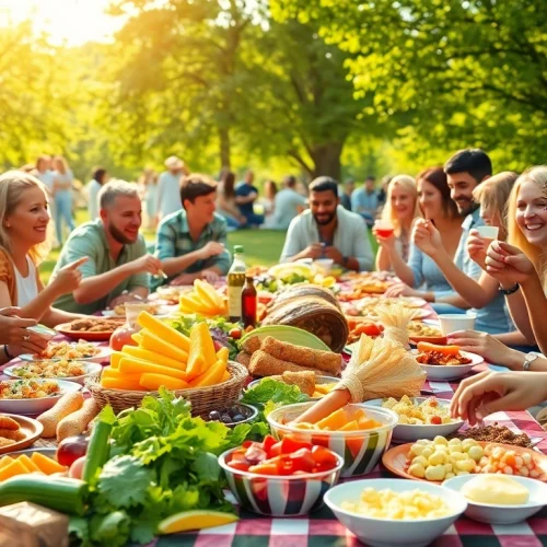 Gathering for Free Food at a community picnic filled with vibrant meals and joyful interactions.