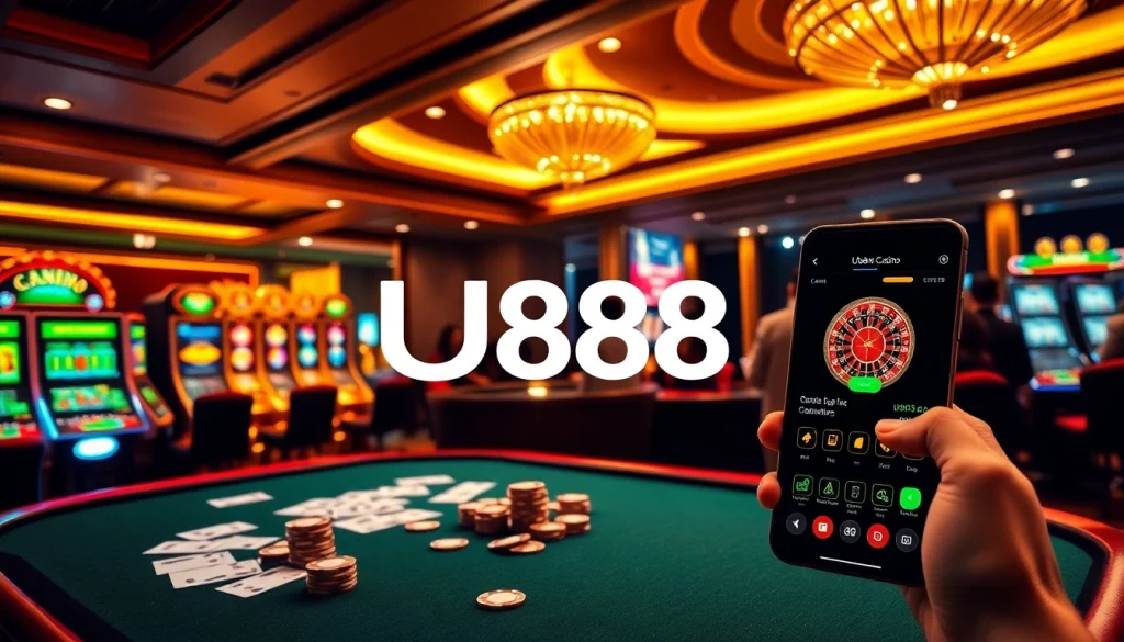 Players enjoy exciting gambling action at U888 casino, featuring cards, roulette, and slot machines.