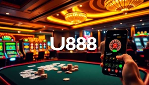 Players enjoy exciting gambling action at U888 casino, featuring cards, roulette, and slot machines.