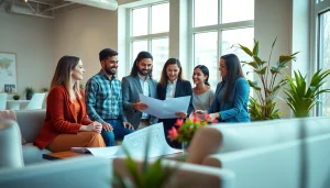 Engaged professionals at www.tbplhomes.com discussing real estate strategies in a bright office.