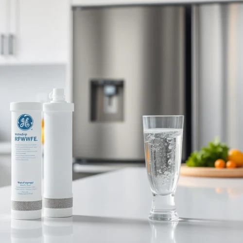 Waterdrop Replacement for GE® RPWFE® filter showcased in a modern kitchen for clean drinking water.