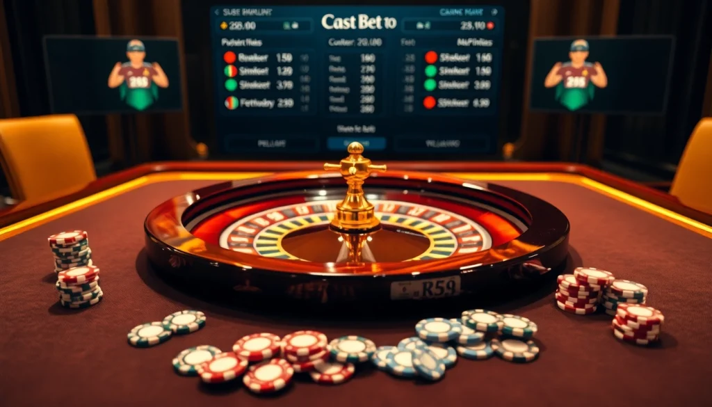 Experience the thrill of tỷ lệ kèo nhà cái hôm nay with an elegant casino scene showcasing a roulette table.