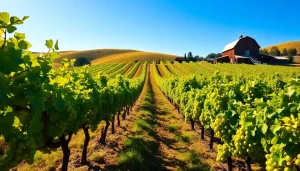 Carksburg CA vineyard showcasing vibrant grapes and scenic landscape under bright sunlight.