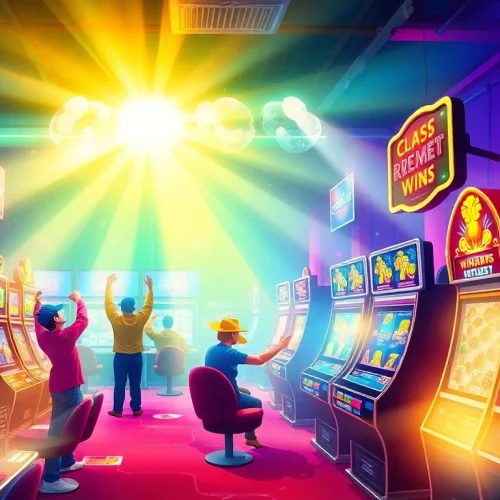 A vibrant online gaming scene showcasing aman788 with players winning at slot machines.