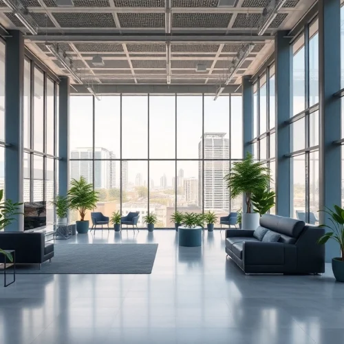 Modern office to rent nottingham featuring spacious reception and vibrant cityscape.
