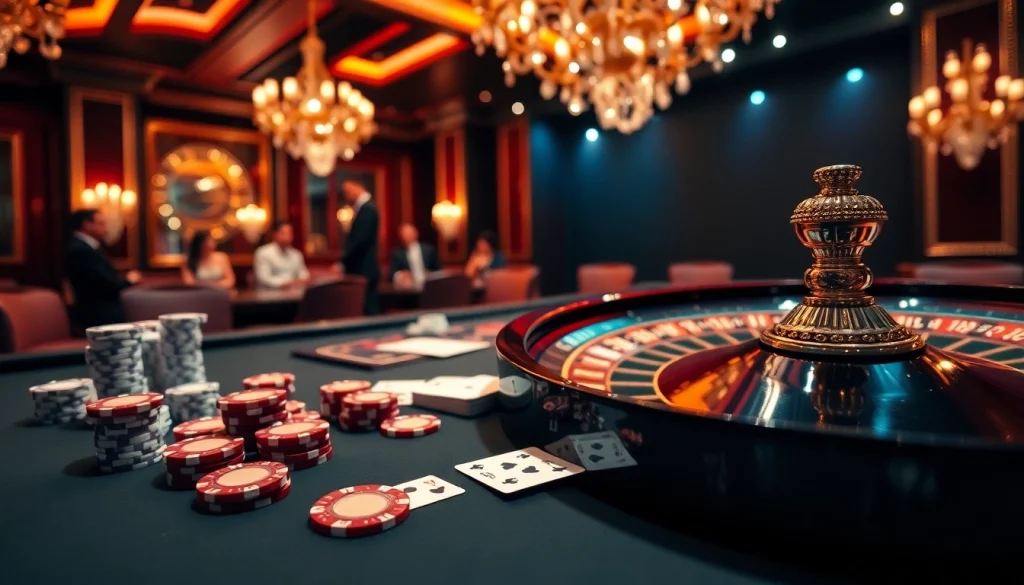 LUCK8 casino patrons enjoying a vibrant roulette game in a luxurious setting.