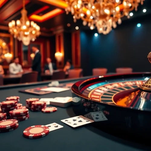 LUCK8 casino patrons enjoying a vibrant roulette game in a luxurious setting.