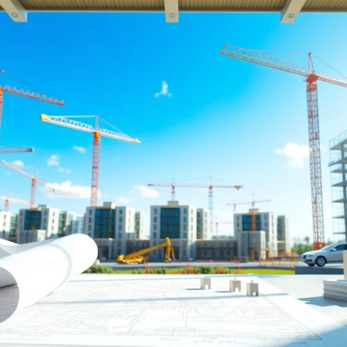 Residential building developer's innovative project design office with blueprints and construction site.