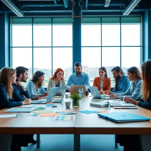 Collaboration in a modern social media agency workspace with diverse professionals brainstorming.