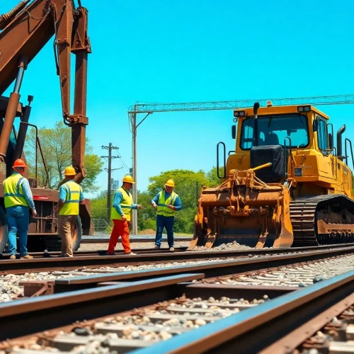 Railroad construction workers collaborating with machinery on site, enhancing infrastructure.