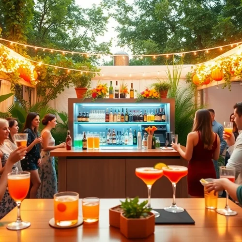 Engaging mobile bar service at a festive outdoor event with drinks and guests.