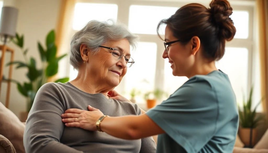Caregiver providing compassionate support in home senior care for seniors in a comforting environment.