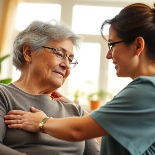 Caregiver providing compassionate support in home senior care for seniors in a comforting environment.