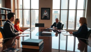 Engaged Greenville Personal Injury Lawyers consulting with clients in an elegant office environment.