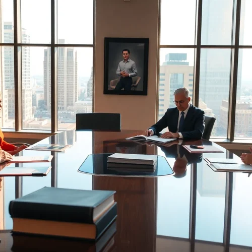 Engaged Greenville Personal Injury Lawyers consulting with clients in an elegant office environment.