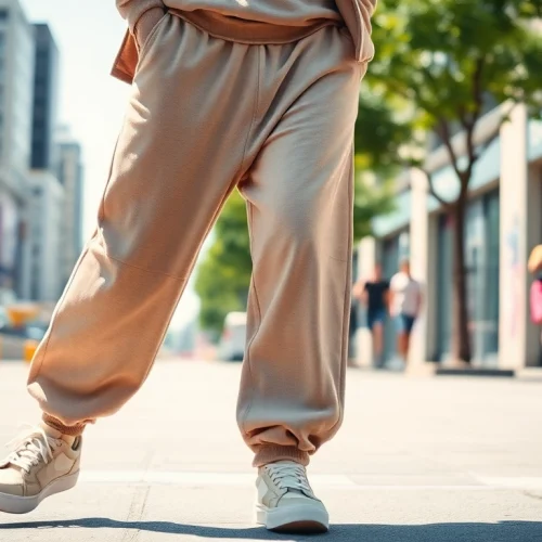 A model confidently striding in baggy sweatpants, showcasing modern urban style against a vibrant city backdrop.