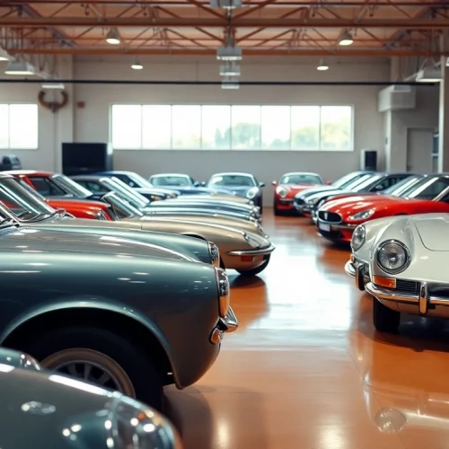 Showcase classic car storage with vintage vehicles in a well-lit, polished facility.