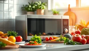 Engage with microwave oven sales showcasing a modern cooking space filled with fresh ingredients.
