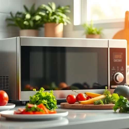 Engage with microwave oven sales showcasing a modern cooking space filled with fresh ingredients.