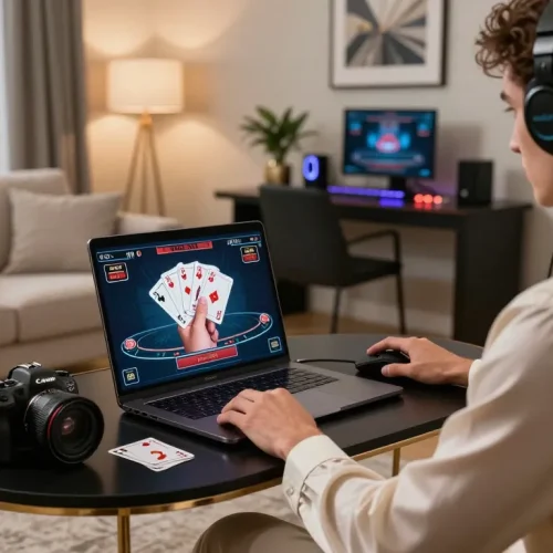 Engaging in live baccarat on a luxurious online casino platform, showcasing a sophisticated gaming setup.