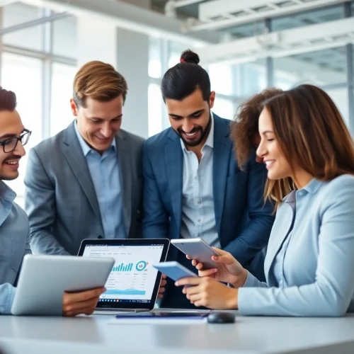 Optimize your business with hubspot crm free, showcasing teamwork on digital devices.