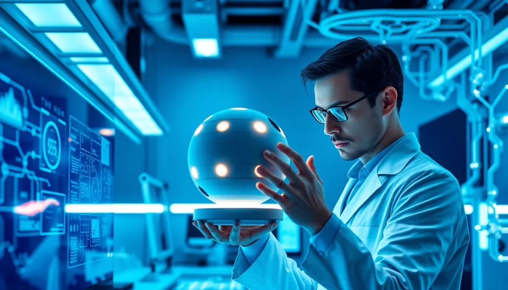 Image to prompt generator showcasing a scientist in a modern lab with AI technology.