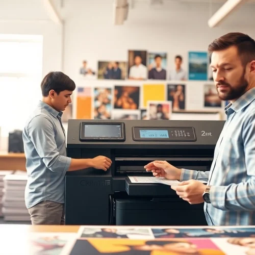 Showcasing budget printing technology in action with a technician and vibrant printed materials.
