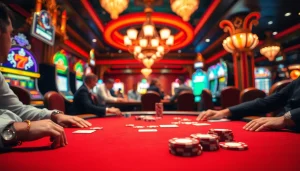 Masuk ke hoki 77 login dengan aksi seru di meja poker kasino, dikelilingi cahaya cerah.