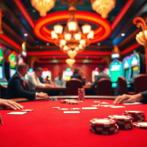 Masuk ke hoki 77 login dengan aksi seru di meja poker kasino, dikelilingi cahaya cerah.