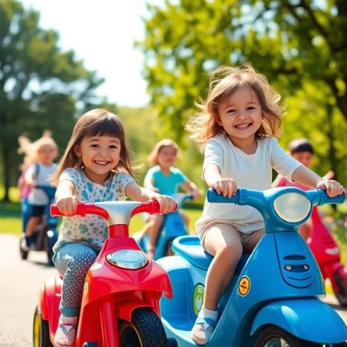 A group of children joyfully riding on colorful ride on toys in a sunny park.
