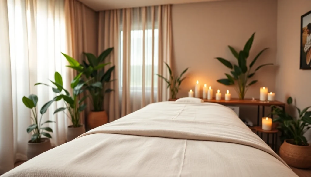 편안한 분위기, 신선한 리넨, 그리고 진정시키는 오일이 있는 마사지 치료실.