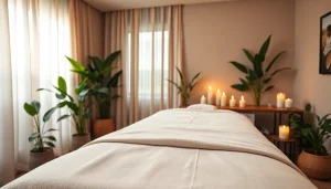 편안한 분위기, 신선한 리넨, 그리고 진정시키는 오일이 있는 마사지 치료실.