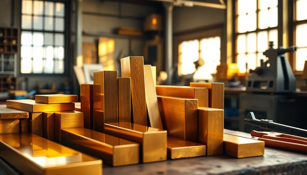 Bara alama expusă într-un atelier, evidențiind texturi netede de alamă și măiestrie.