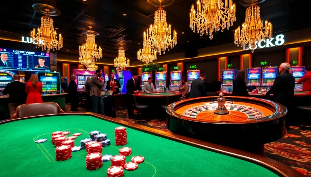 Players enjoying an exciting game at the LUCK8 casino table with vibrant poker chips.