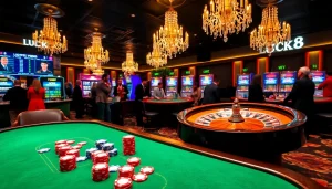 Players enjoying an exciting game at the LUCK8 casino table with vibrant poker chips.