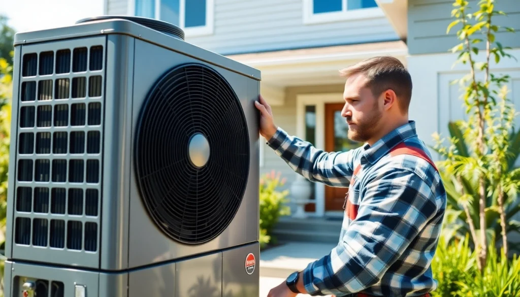 Technician working on trane heat pumps installation in a modern home.