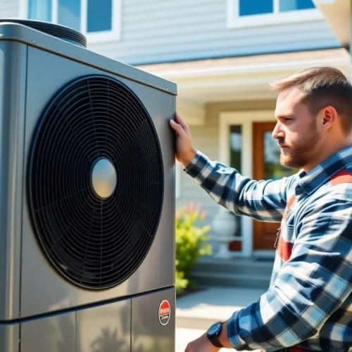Technician working on trane heat pumps installation in a modern home.