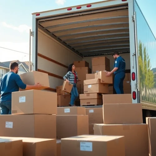 Efficient team of long distance movers Calgary loading boxes into a truck for relocation.