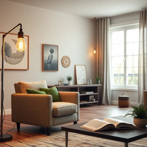 A cozy living room illuminated with a19 light bulbs creating a warm atmosphere.
