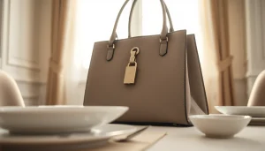 Handy Tasche abschließbar elegant und sicher auf einem stilvollen Tisch präsentiert.