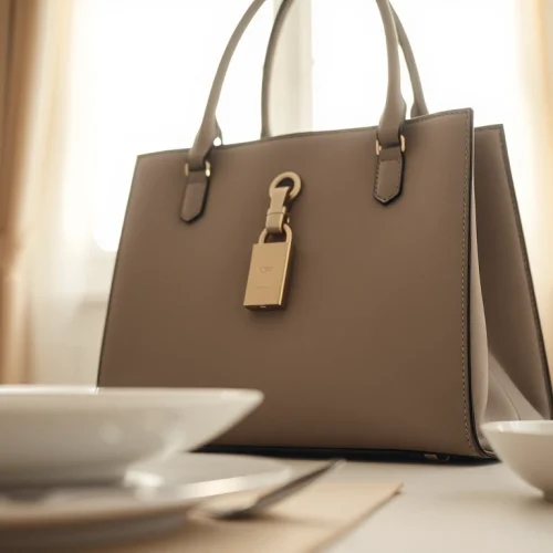 Handy Tasche abschließbar elegant und sicher auf einem stilvollen Tisch präsentiert.