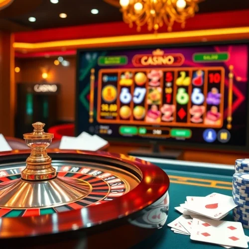 Vivez l'excitation du meilleur casino en ligne avec une scène de jeu numérique luxueuse mettant en vedette la roulette et le poker.